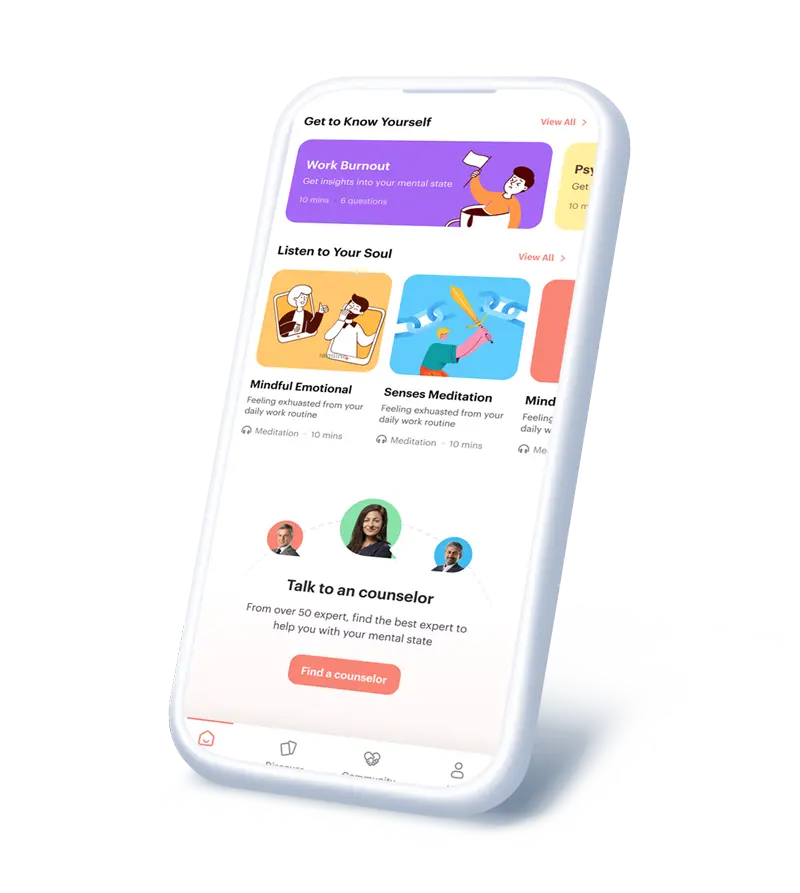 Mobile phone displaying the Takalam app interface with mental health assessment tools and counselor chat features.